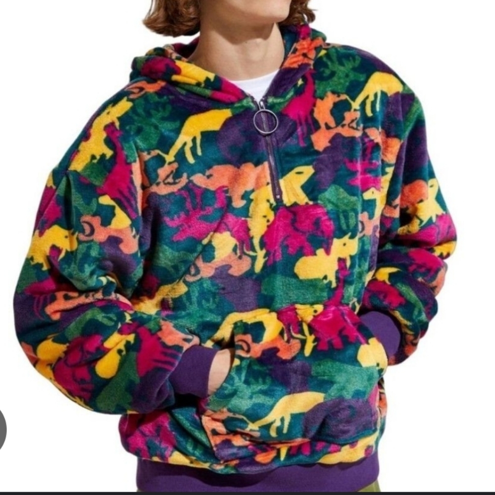 Urban Outfitters FairPlay Colorful Polar Fleece Half-Zip Hoodie Animal Camo Prin